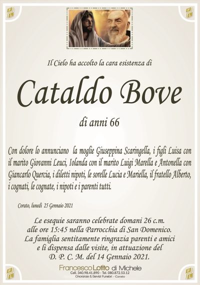 Il Cielo ha accolto la cara esistenza di
Cataldo Bove
di anni 66
Con dolore lo annunciano la moglie Giuseppina Scaringella, i figli Luisa con
il marito Giovanni Leuci, Iolanda con il marito Luigi Marella e Antonella con
Giancarlo Quercia, i diletti nipoti, le sorelle Lucia e Mariella, il fratello Alberto,
i cognati, le cognate, i nipoti e i parenti tutti.
Corato, lunedì 25 Gennaio 2021
Le esequie saranno celebrate domani 26 c.m.
alle ore 15:45 nella Parrocchia di San Domenico.
La famiglia sentitamente ringrazia parenti e amici
e li dispensa dalle visite, in attuazione del
D. P. C. M. del 14 Gennaio 2021.