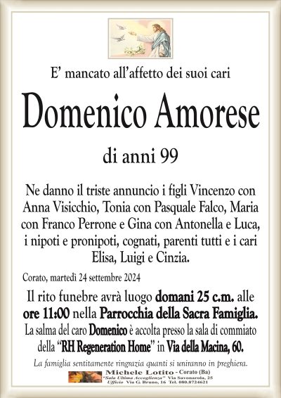 E’ mancato all’affetto dei suoi cariDomenico Amorese
di anni 99
Ne danno il triste annuncio i figli Vincenzo con
Anna Visicchio, Tonia con Pasquale Falco, Maria
con Franco Perrone e Gina con Antonella e Luca,
i nipoti e pronipoti, cognati, parenti tutti e i cari
Elisa, Luigi e Cinzia.
Corato, martedì 24 settembre 2024
Il rito funebre avrà luogo domani 25 c.m. alle
ore 11:00 nella Parrocchia della Sacra Famiglia.
La salma del caro Domenico è accolta presso la sala di commiato
della ‘‘RH Regeneration Home’’ in Via della Macina, 60.
La famiglia sentitamente ringrazia quanti si uniranno in preghiera.