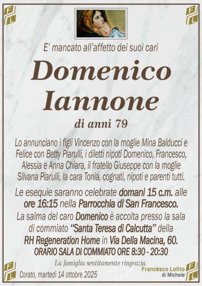 Lo annunciano i figli Vincenzo con la moglie Mina Balducci e
Felice con Betty Piarulli, i diletti nipoti Domenico, Francesco,
Alessia e Anna Chiara, il fratello Giuseppe con la moglie
Silvana Piarulli, la cara Tonia, cognati, nipoti e parenti tutti.