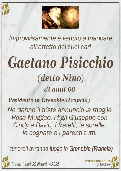 Ne danno il triste annuncio la moglie
Rosa Muggeo, i figli Giuseppe con
Cindy e David, i fratelli, le sorelle,
le cognate e i parenti tutti.