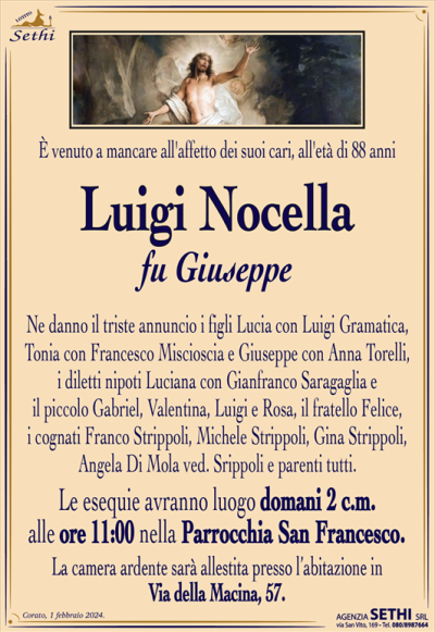 È venuto a mancare all’affetto dei suoi cari, all’età di 88 anni
Luigi Nocella
fu Giuseppe
Ne danno il triste annuncio i figli Lucia con Luigi Gramatica, Tonia con Francesco Miscioscia e Giuseppe con Anna Torelli, i diletti nipoti Luciana con Gianfranco Saragaglia e il piccolo Gabriel, Valentina, Luigi e Rosa, il fratello Felice, i cognati Franco Strippoli, Michele Strippoli, Gina Strippoli, Angela Di Mola ved. Srippoli e parenti tutti.
I funerali avranno luogo domani 2 c.m. alle ore 11:00 nella Parrocchia San Francesco.
La camera ardente è allestita presso l’abitazione in Via della Macina, 57.