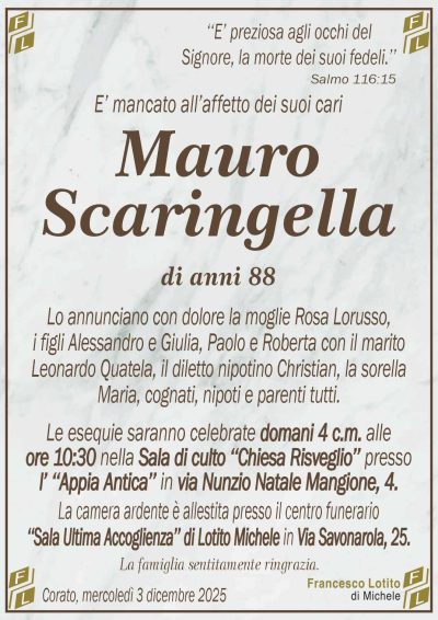 Lo annunciano con dolore la moglie Rosa Lorusso,
i figli Alessandro e Giulia, Paolo e Roberta con il marito
Leonardo Quatela, il diletto nipotino Christian, la sorella
Maria, cognati, nipoti e parenti tutti.