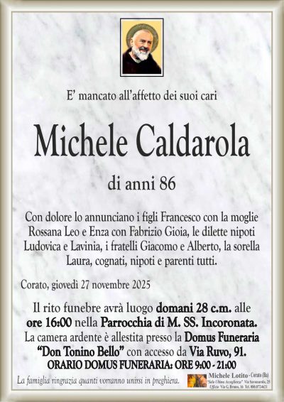 Con dolore lo annunciano i figli Francesco con la moglie
Rossana Leo e Enza con Fabrizio Gioia, le dilette nipoti
Ludovica e Lavinia, i fratelli Giacomo e Alberto, la sorella
Laura, cognati, nipoti e parenti tutti.