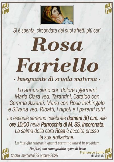 Lo annunciano con dolore i germani
Maria Clara ved. Tarantini, Cataldo con
Gemma Azzariti, Mario con Rosa Inchingalo
e Silvana ved. Ribatti, i nipoti e i parenti tutti.
